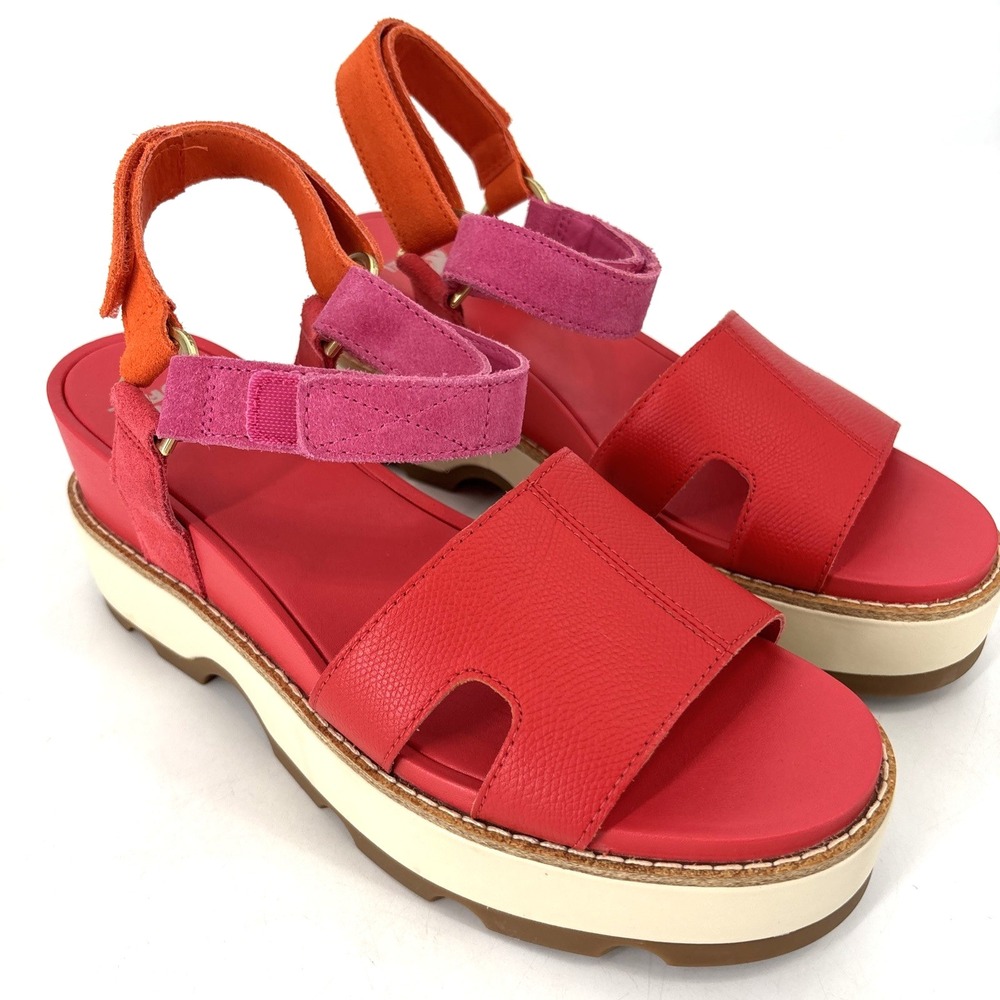 SOREL JOANIE IV Y Strap 3" Wedge Sandals Hook Loop Pink Leather Women's 9.5